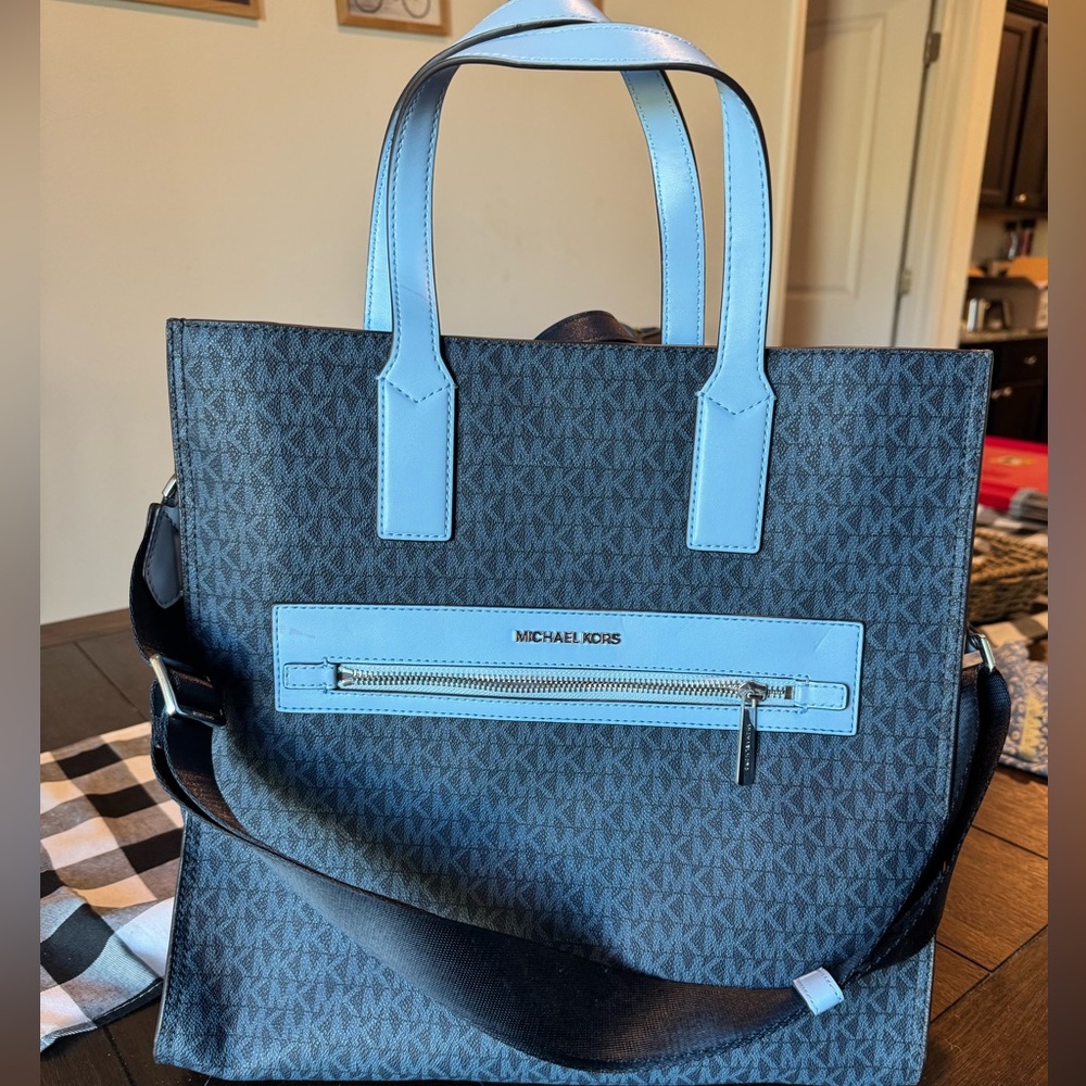 Michael Kors Black and Light Blue Signature Tote